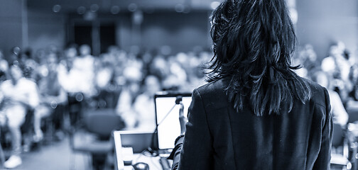 Image showing Public speaker giving talk at Business Event.