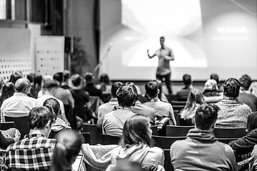 Image showing Business speaker giving a talk at business conference event.