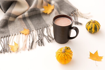 Image showing hot chocolate, autumn leaves and warm blanket