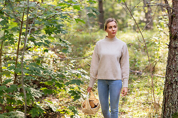 Image showing woman with basket picking mushrooms in forest