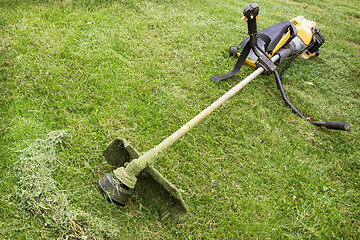 Image showing Petrol trimmer is on the sloped lawn