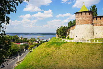 Image showing Powerful round tower on green hills. Kremlin in Nizhny Novgorod. Russia