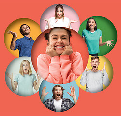 Image showing The collage of faces of surprised people on coral backgrounds.