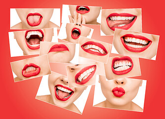 Image showing Photo collage of beautiful young woman lips covered with glossy red lipstick.