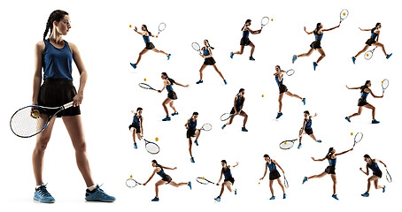 Image showing The collage about young woman playing tennis isolated on white background