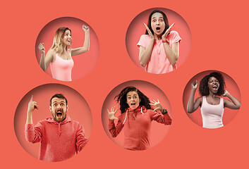 Image showing The collage of faces of surprised people on coral backgrounds.