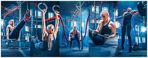 Image showing Woman with battle rope battle ropes exercise in the fitness gym.