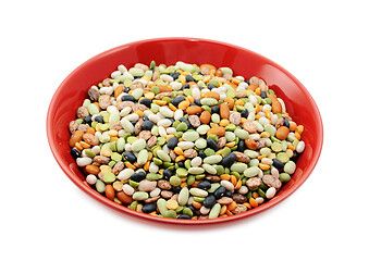 Image showing Mixed dried beans and peas in a red bowl