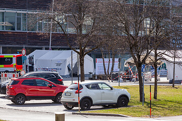 Image showing Hausham, Germany, Bavaria 27.03.2020: Hospital forecourt closed for visitors