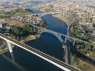 Image showing Aerial of bridges and Douro river in Porto