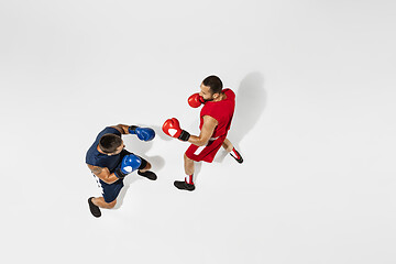 Image showing Two professional boxers boxing isolated on white studio background, action, top view