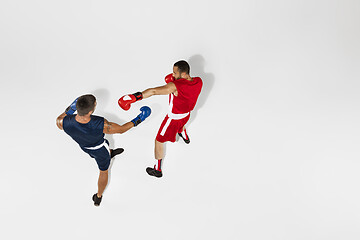 Image showing Two professional boxers boxing isolated on white studio background, action, top view