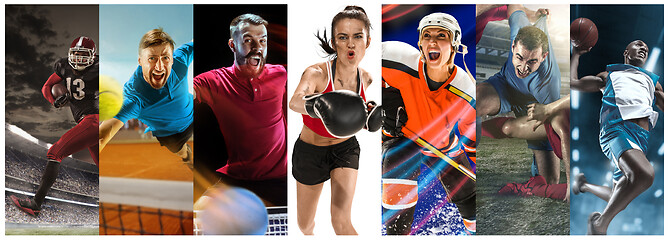 Image showing Sport collage about soccer, american football, badminton, tennis, boxing, ice and field hockey, table tennis