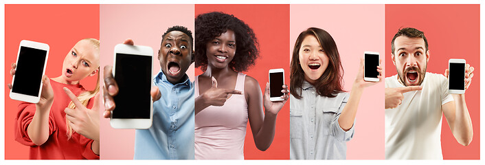 Image showing The collage about surprised, smiling, happy, astonished people showing blank screen of mobile phones