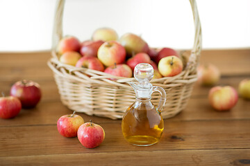 Image showing apples in basket and jug of vinegar on table