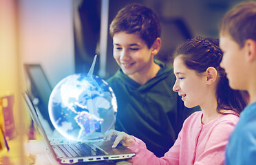 Image showing children with laptop and earth planet hologram