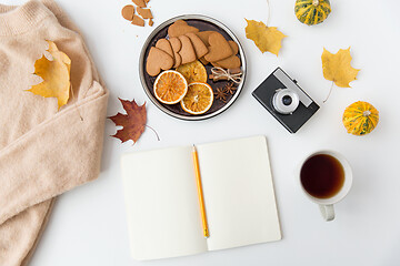 Image showing notebook, hot chocolate, camera and autumn leaves