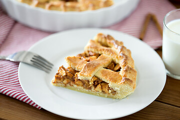 Image showing close up of apple pie and fork on plate