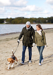 Image showing couple with beagle dog walking along autumn beach