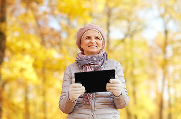 Image showing senior woman with tablet pc at summer park