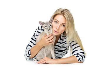 Image showing Beautiful girl with oriental siam cat