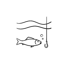 Image showing Fish with hook hand drawn sketch icon.