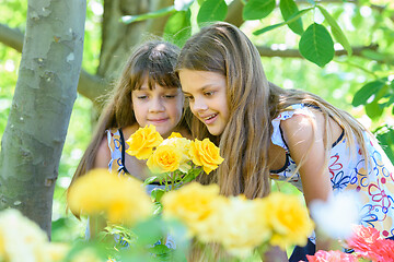 Image showing Two girls enjoy the beauty of yellow roses in the garden