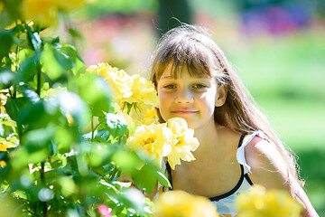 Image showing Girl in the park sniffs yellow roses on a sunny day