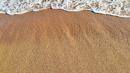 Image showing Sandy beach background with white foam of sea wave 