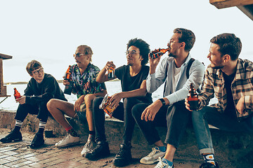 Image showing Group of friends celebrating, resting, having fun and party in summer day