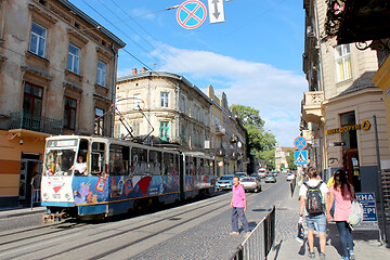 Image showing busy street in Lviv with people and tram