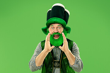 Image showing A man in a leprechaun hat at studio. He celebrates St. Patrick\'s Day.