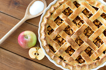 Image showing close up of apple pie on wooden table
