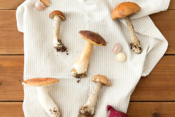 Image showing different edible mushrooms on kitchen towel