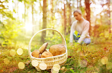 Image showing basket of mushrooms and woman in autumn forest