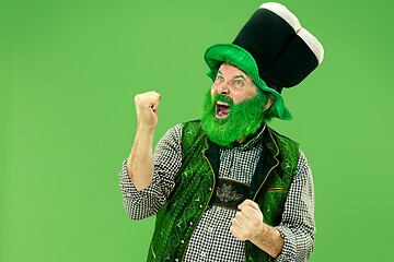 Image showing A man in a leprechaun hat at studio. He celebrates St. Patrick\'s Day.