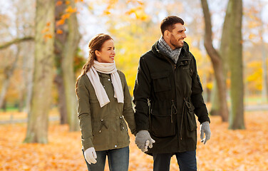 Image showing couple holding hands and walking along autumn park