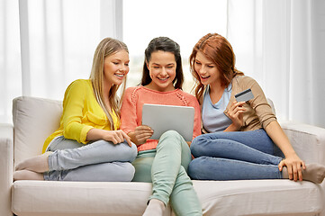 Image showing teenage girls with tablet pc and credit card