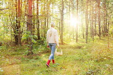 Image showing young woman picking mushrooms in autumn forest