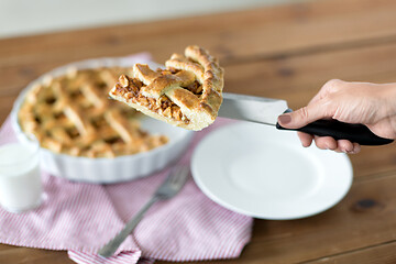 Image showing close up of hand with piece of apple pie on knife