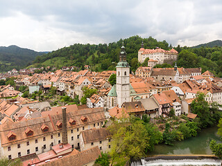 Image showing Panoramic aerial view of medieval old town of Skofja Loka, Slovenia