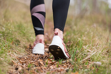 Image showing Rear close up view of female step on nature track. Young woman hiking in nature. Adventure, sport and exercise concept