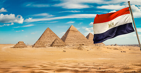 Image showing Egyptian flag and pyramids