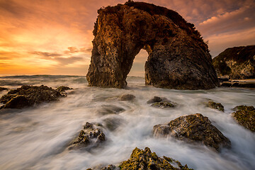 Image showing Choppy sea and a magnificent sunrise at Horsehead Rock Australia