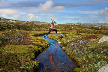 Image showing Woman run free jumping little meandering stream in high country