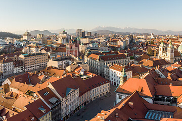 Image showing Panoramic view of Ljubljana, capital of Slovenia, at sunset. Empty streets of Slovenian capital during corona virus pandemic social distancing measures in 2020