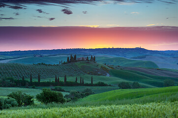 Image showing Tuscany landscape at sunrise in Italy