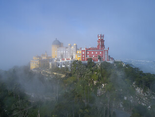 Image showing Pena Palace in fog and clouds in Sintra