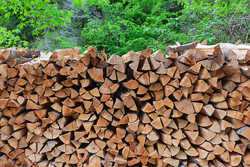 Image showing stack of chopped firewood in forest