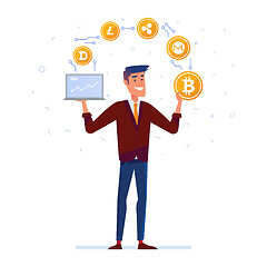 Image showing Caucasian man juggles with crypto currency coins